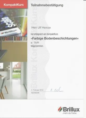 Brillux-Teilnahmebestätigung für den Kompaktkurs Farbige Bodenbeschichtungen