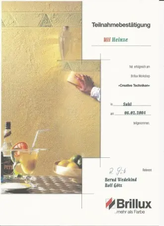 Brillux-Teilnahmebestätigung für den Workshop Creative Techniken