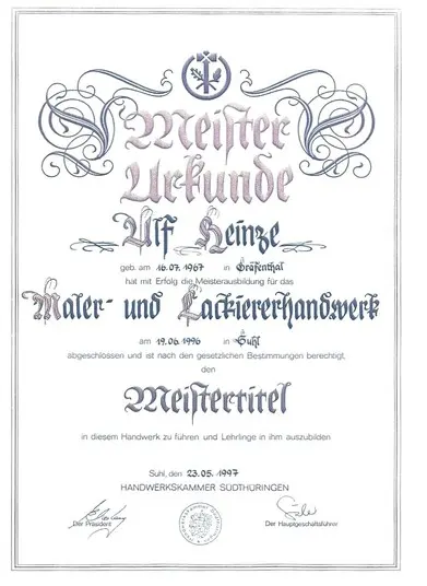 Meisterurkunde für Ulf Heinze im Maler- und Lackiererhandwerk