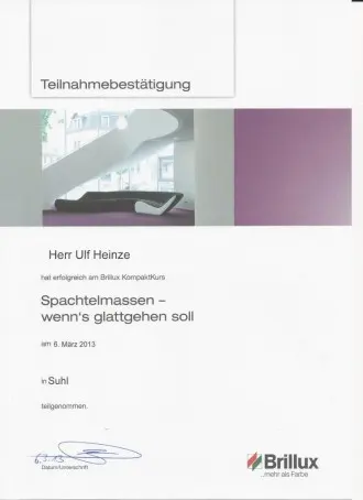 Brillux-Teilnahmebestätigung für den Kompaktkurs Spachtelmassen
