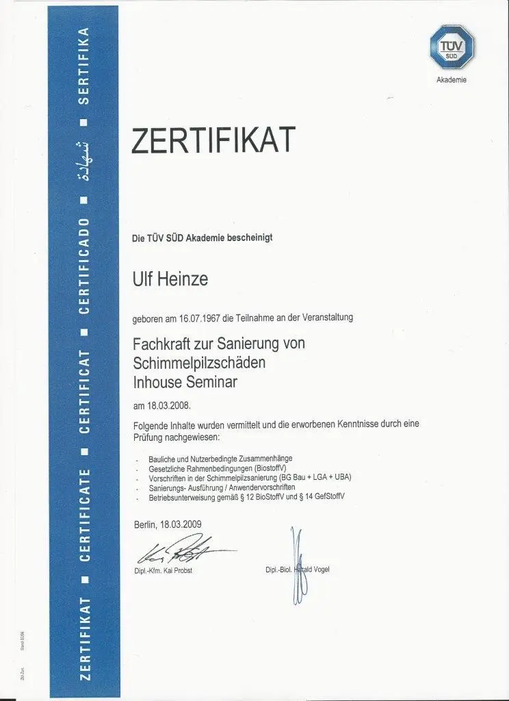 TÜV-SÜD-Zertifikat für Ulf Heinze als Fachkraft zur Sanierung von Schimmelpilzschäden
