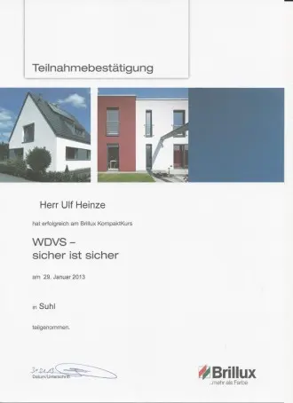 Brillux-Teilnahmebestätigung für den Kompaktkurs Wärmedämmverbundsysteme